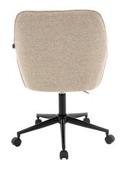 Rückansicht eines beigen Drehstuhls mit schwarzem Fußkreuz und Rollen.
