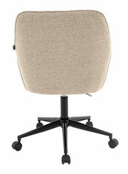 Rückansicht eines beigen Drehstuhls mit schwarzem Fußkreuz und Rollen.