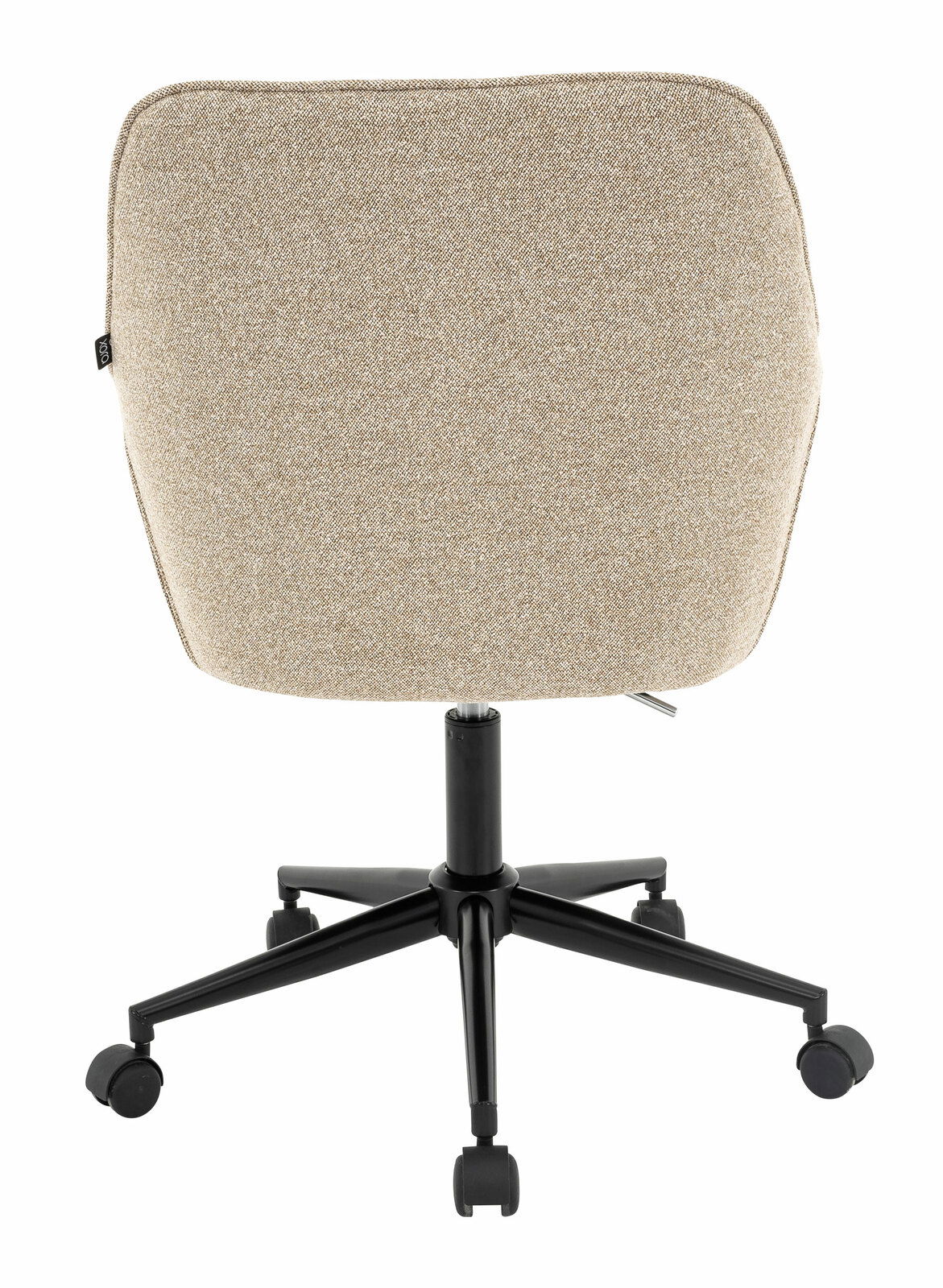 Rückansicht eines beigen Drehstuhls mit schwarzem Fußkreuz und Rollen.