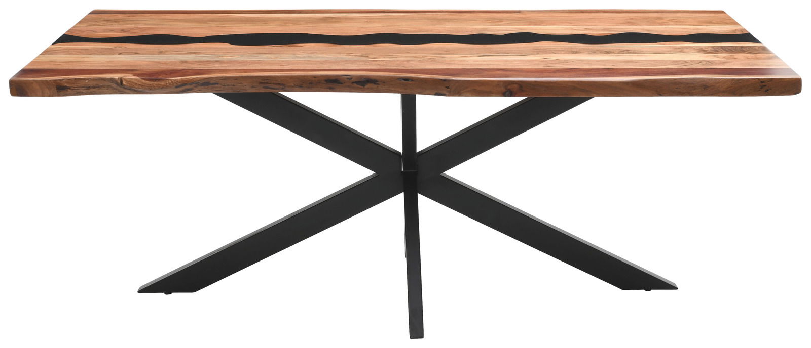 Moderner Esstisch mit Holzplatte und schwarzem Metallgestell, seitliche Perspektive