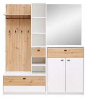 Kompaktgarderobe in Holzoptik mit weißem Rahmen, bestehend aus einem Spiegel, mehreren Regalen, Schubladen und Haken, frontal betrachtet.