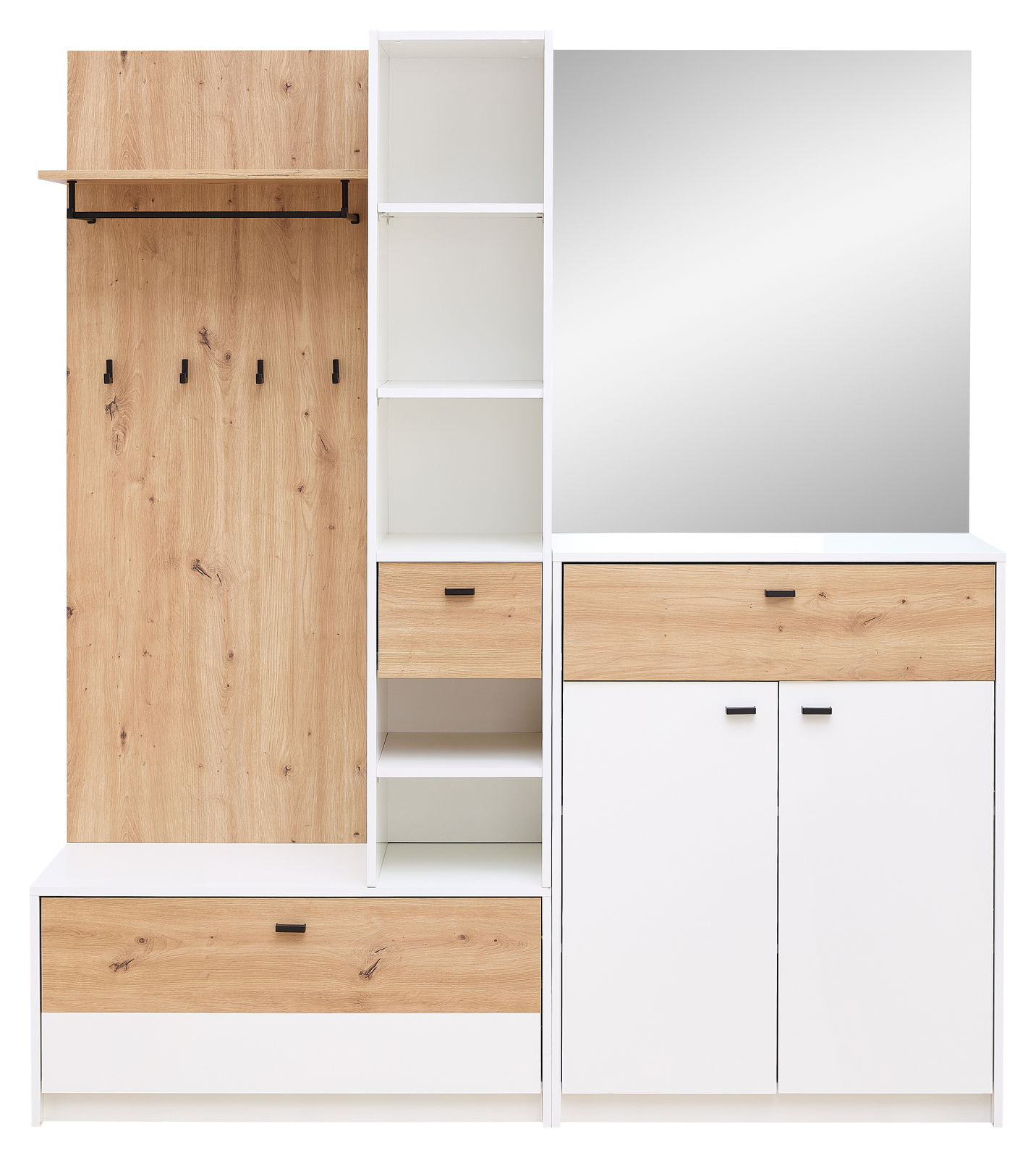 Kompaktgarderobe in Holzoptik mit weißem Rahmen, bestehend aus einem Spiegel, mehreren Regalen, Schubladen und Haken, frontal betrachtet.