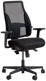 Schwarzer Drehstuhl mit Netzrückenlehne und Armlehnen, seitliche Perspektive