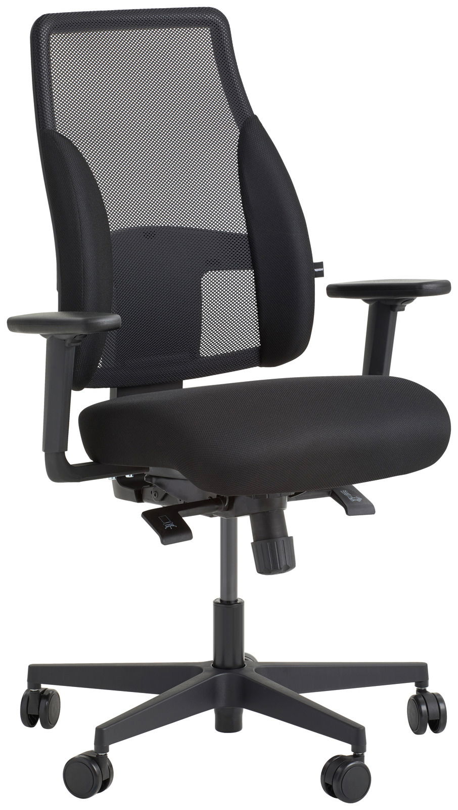 Schwarzer Drehstuhl mit Netzrückenlehne und Armlehnen, seitliche Perspektive