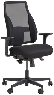 Schwarzer Drehstuhl mit Netzrückenlehne und Armlehnen, seitliche Perspektive