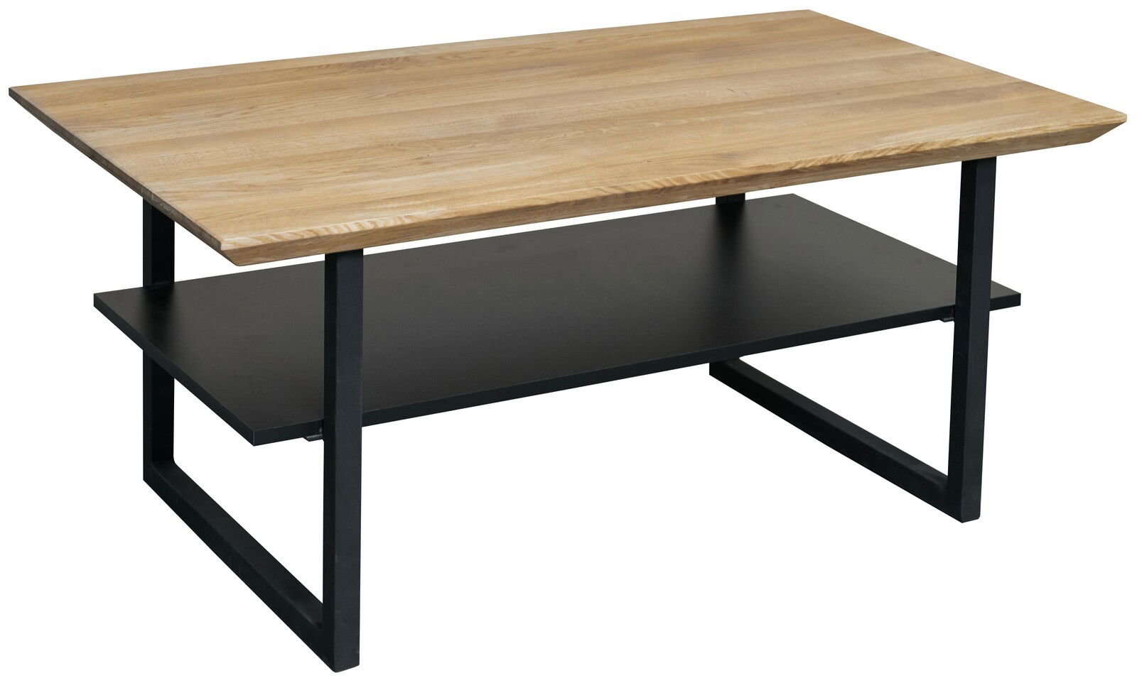 Moderner Couchtisch mit Holzplatte und schwarzem Metallgestell, seitliche Perspektive