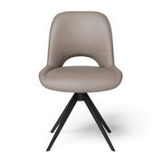 Moderner Stuhl mit grauem Polster und schwarzem Metallgestell, Frontalansicht