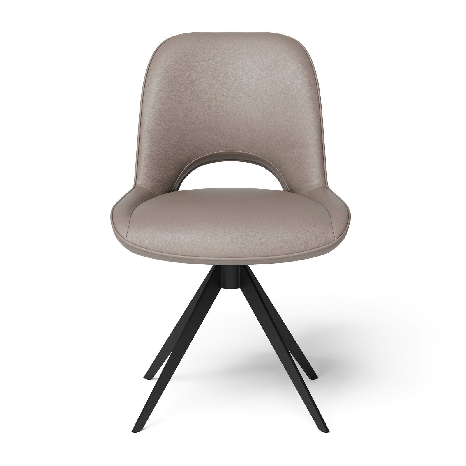 Moderner Stuhl mit grauem Polster und schwarzem Metallgestell, Frontalansicht