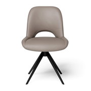 Moderner Stuhl mit grauem Polster und schwarzem Metallgestell, Frontalansicht