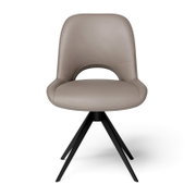 Moderne stoel met grijze bekleding en zwart metalen frame, vooraanzicht
