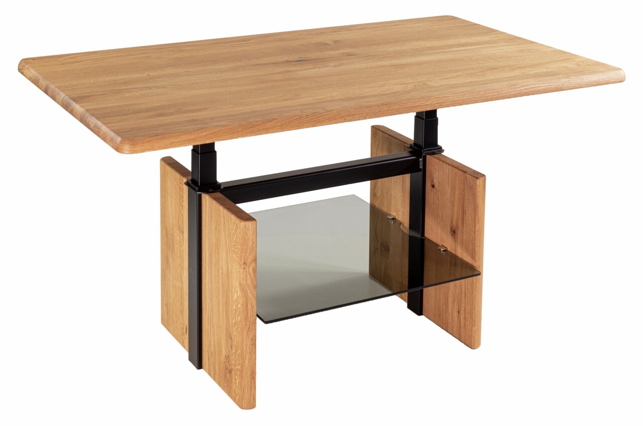 Moderner Couchtisch aus Holz mit Glasablage und schwarzem Metallgestell, seitliche Perspektive