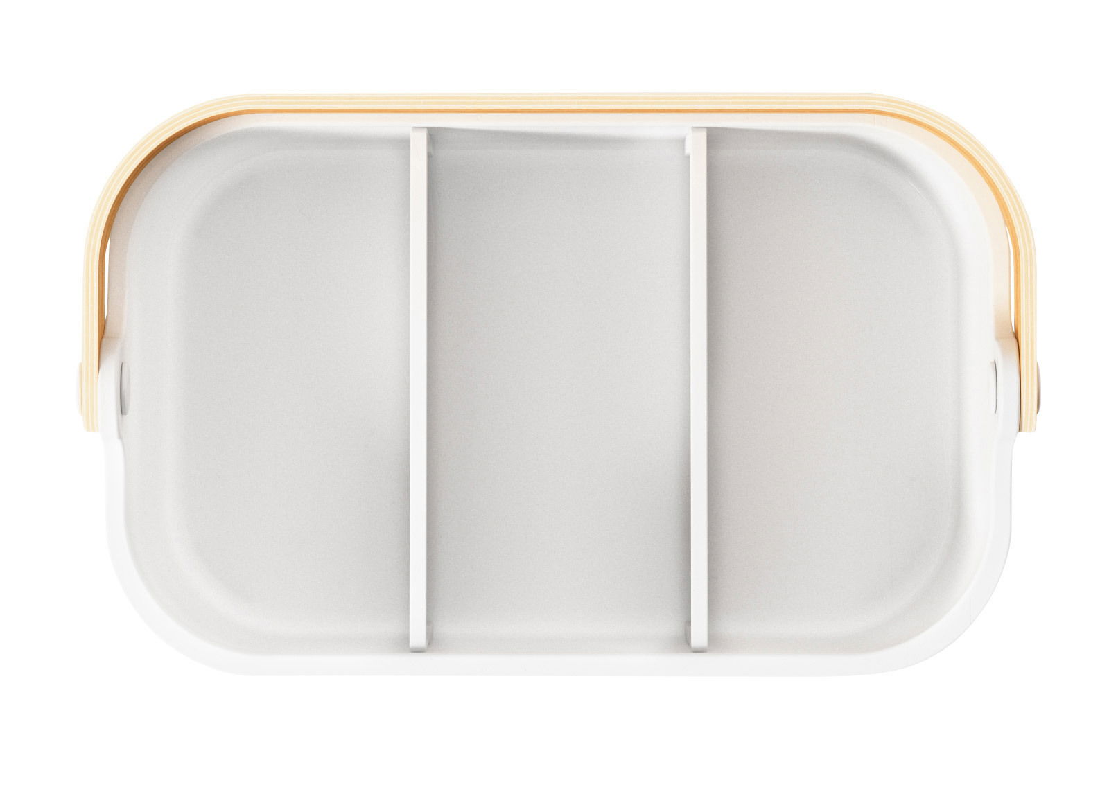 Vogelperspektive auf einen weißen Behälter mit drei Fächern und naturfarbenem Rand.