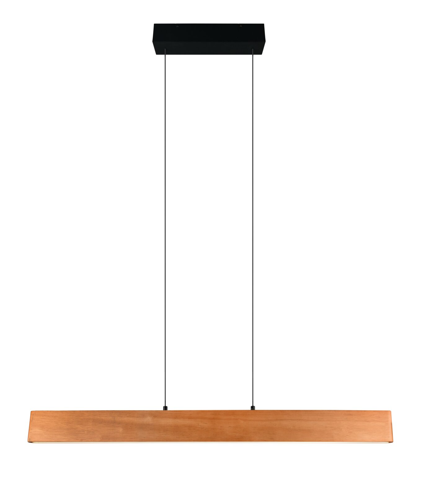 Moderne hanglamp van hout in rechthoekige vorm, gezien vanaf de voorkant.