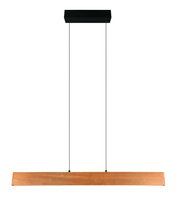 Moderne hanglamp van hout in rechthoekige vorm, gezien vanaf de voorkant.
