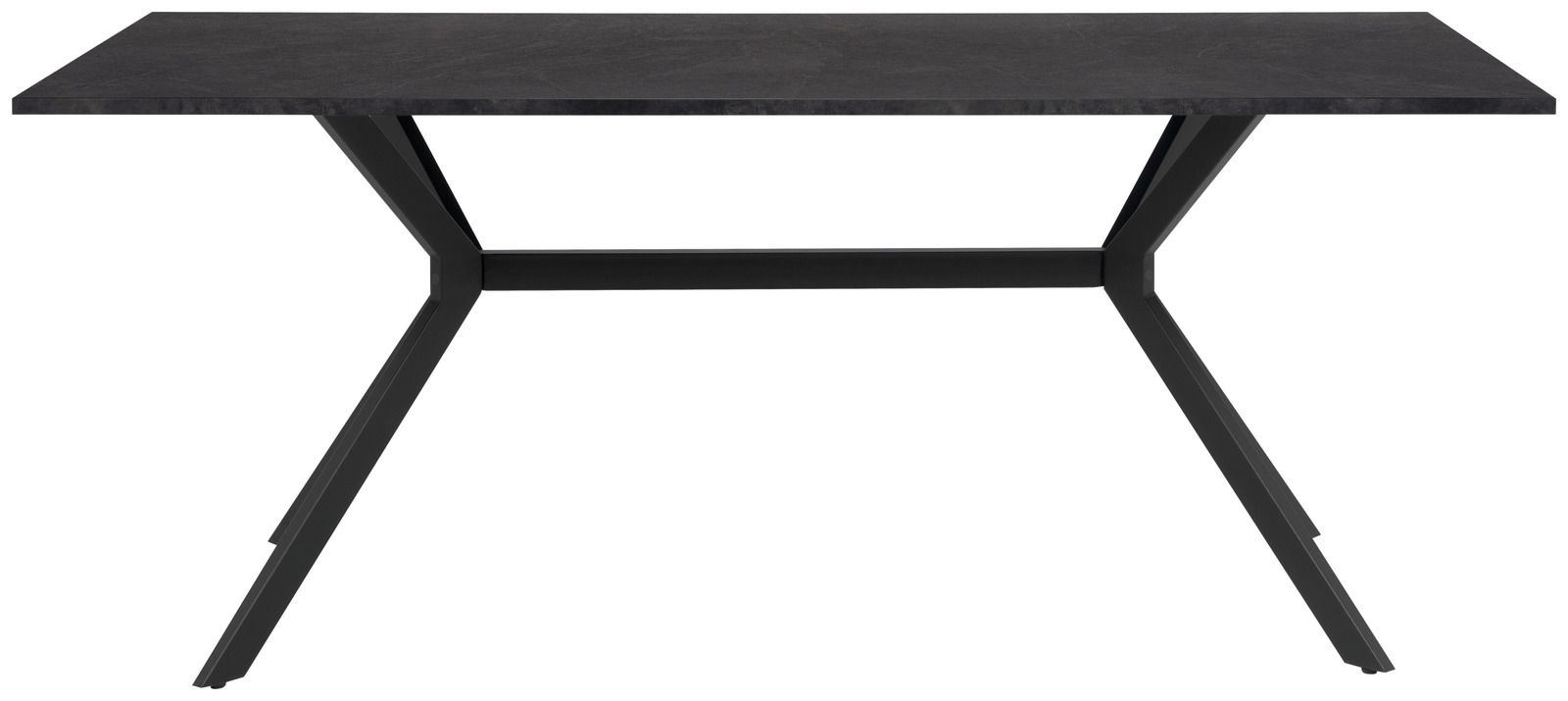Moderner Esstisch mit schwarzer Tischplatte und schrägen Metallbeinen, Frontalansicht
