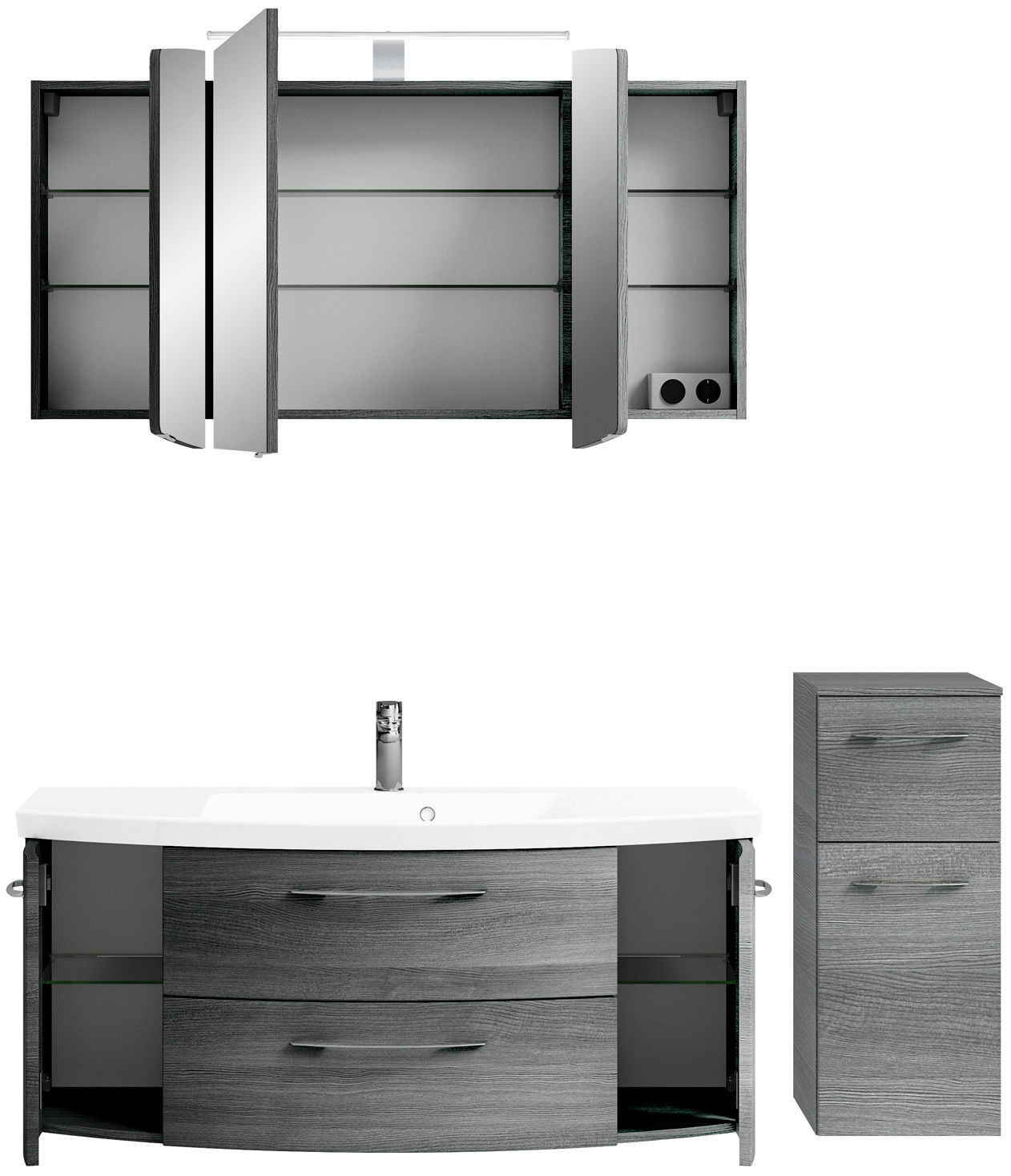 Pelipal Badkombination CASSCA SPRINT Moderne Badkombination mit Spiegelschrank, Waschbeckenunterschrank und Hochschrank in grauer Holzoptik, frontal betrachtet.