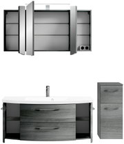 Moderne Badkombination mit Spiegelschrank, Waschbeckenunterschrank und Hochschrank in grauer Holzoptik, frontal betrachtet.