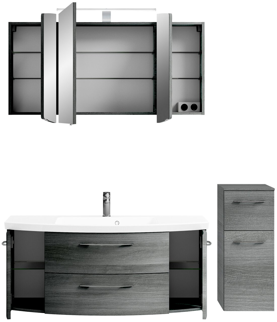 Moderne Badkombination mit Spiegelschrank, Waschbeckenunterschrank und Hochschrank in grauer Holzoptik, frontal betrachtet.