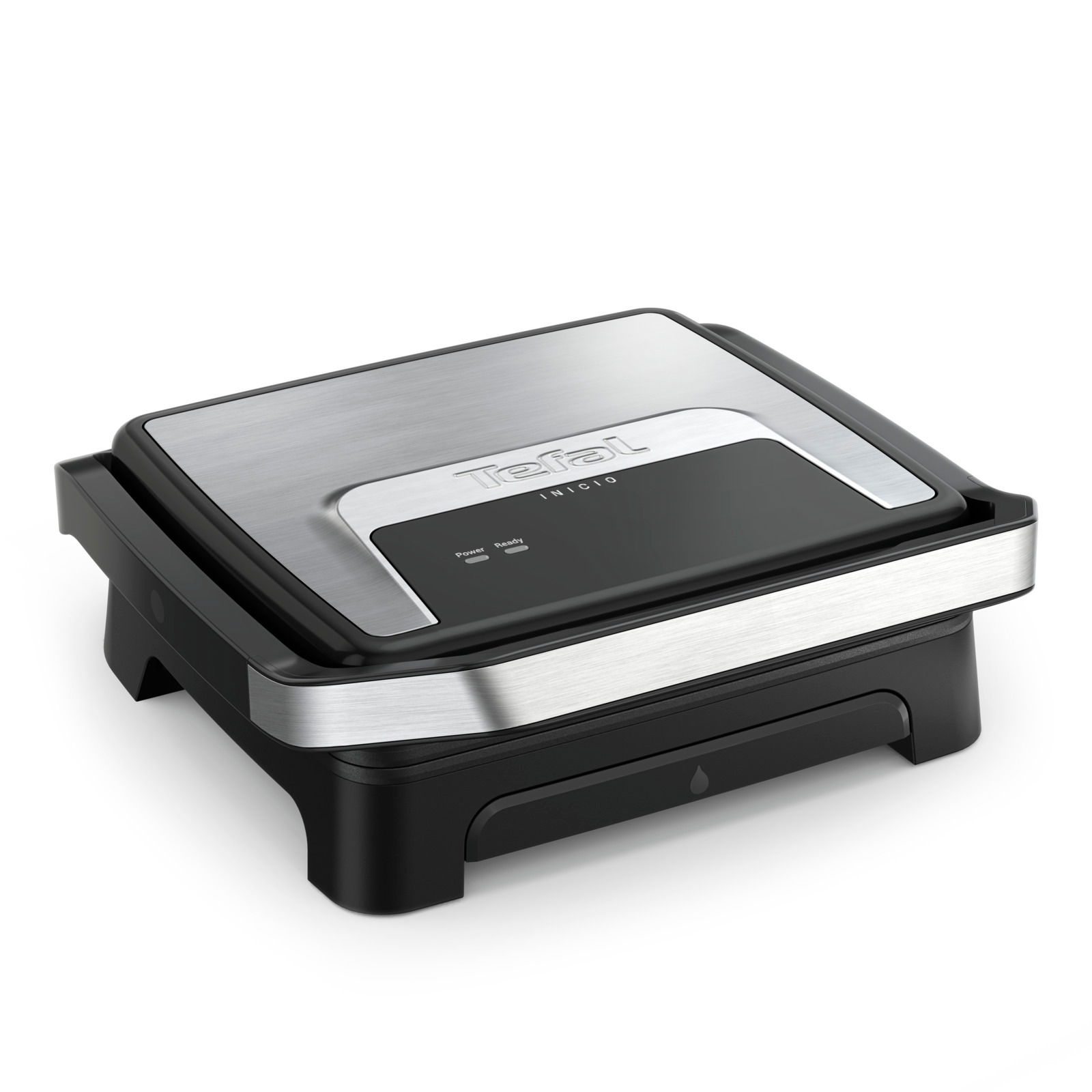 Moderner Kontaktgrill Classic GC271D aus Edelstahl und schwarzem Kunststoff, seitliche Perspektive