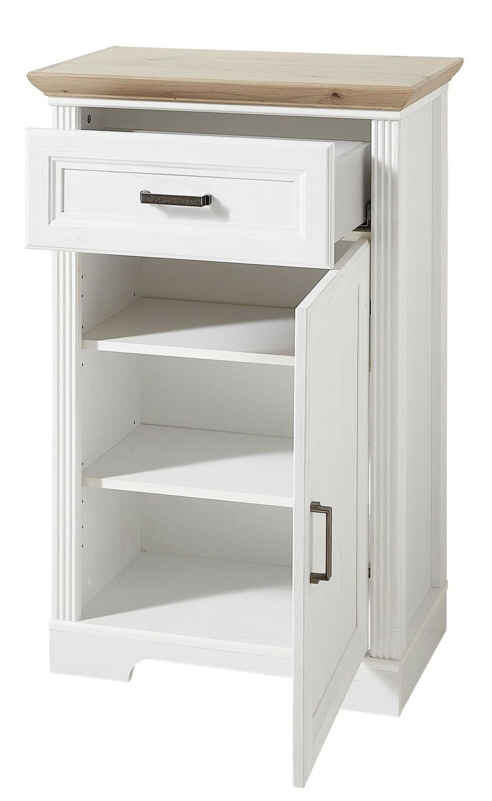 Weißer, schmaler Schuhschrank mit einer Schublade und einer Tür, teilweise geöffnet, aus einer leicht seitlichen Perspektive.