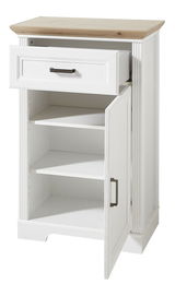 Weißer, schmaler Schuhschrank mit einer Schublade und einer Tür, teilweise geöffnet, aus einer leicht seitlichen Perspektive.