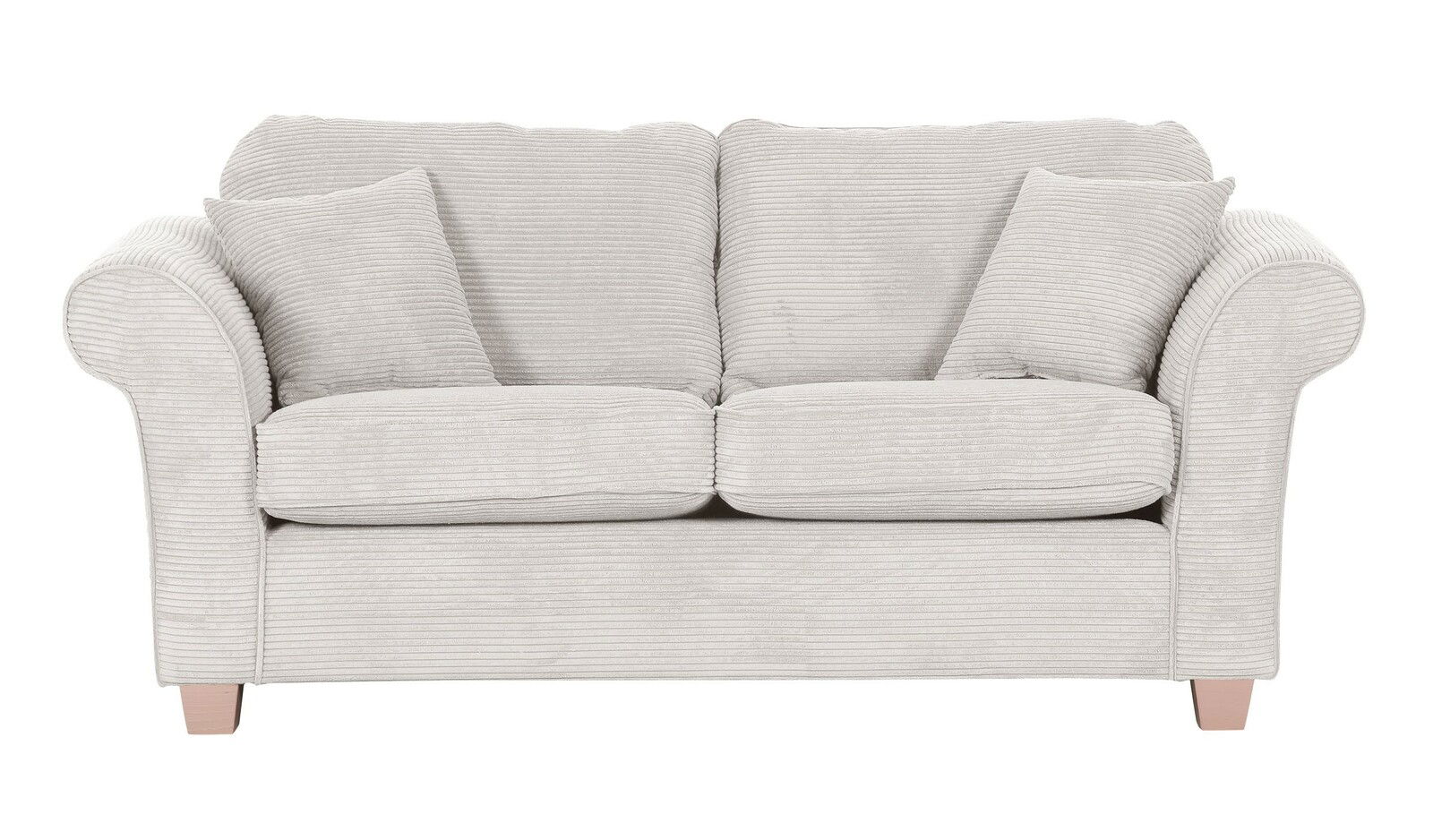 Zweisitzer-Sofa in hellgrauem Stoff mit geripptem Design, frontal fotografiert.