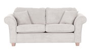 Zweisitzer-Sofa in hellgrauem Stoff mit geripptem Design, frontal fotografiert.