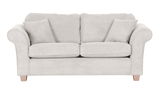 Zweisitzer-Sofa in hellgrauem Stoff mit geripptem Design, frontal fotografiert.