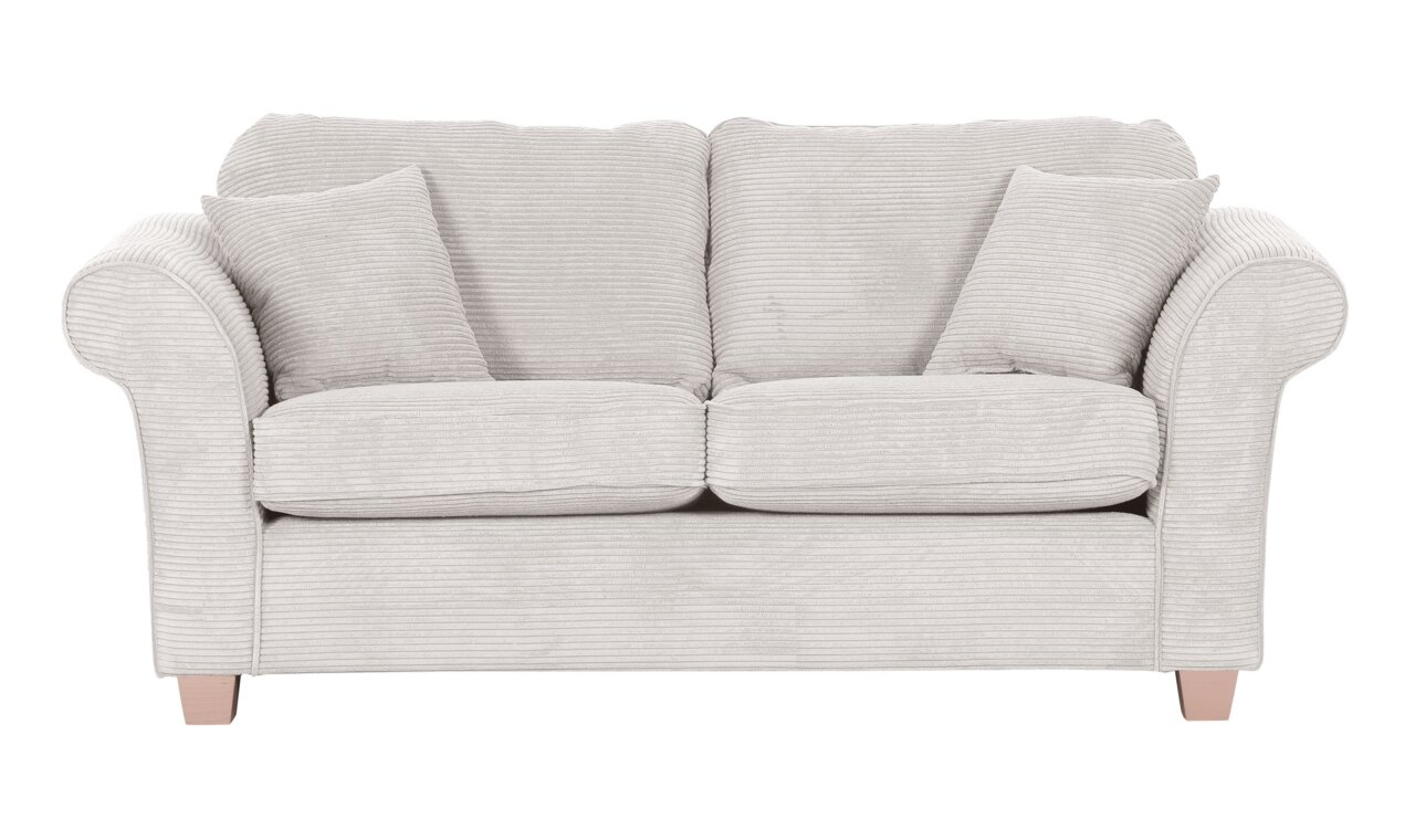 Zweisitzer-Sofa in hellgrauem Stoff mit geripptem Design, frontal fotografiert.