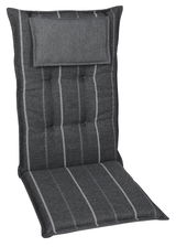 Graue Sesselauflage mit vertikalen Streifen, Ansicht von vorne.