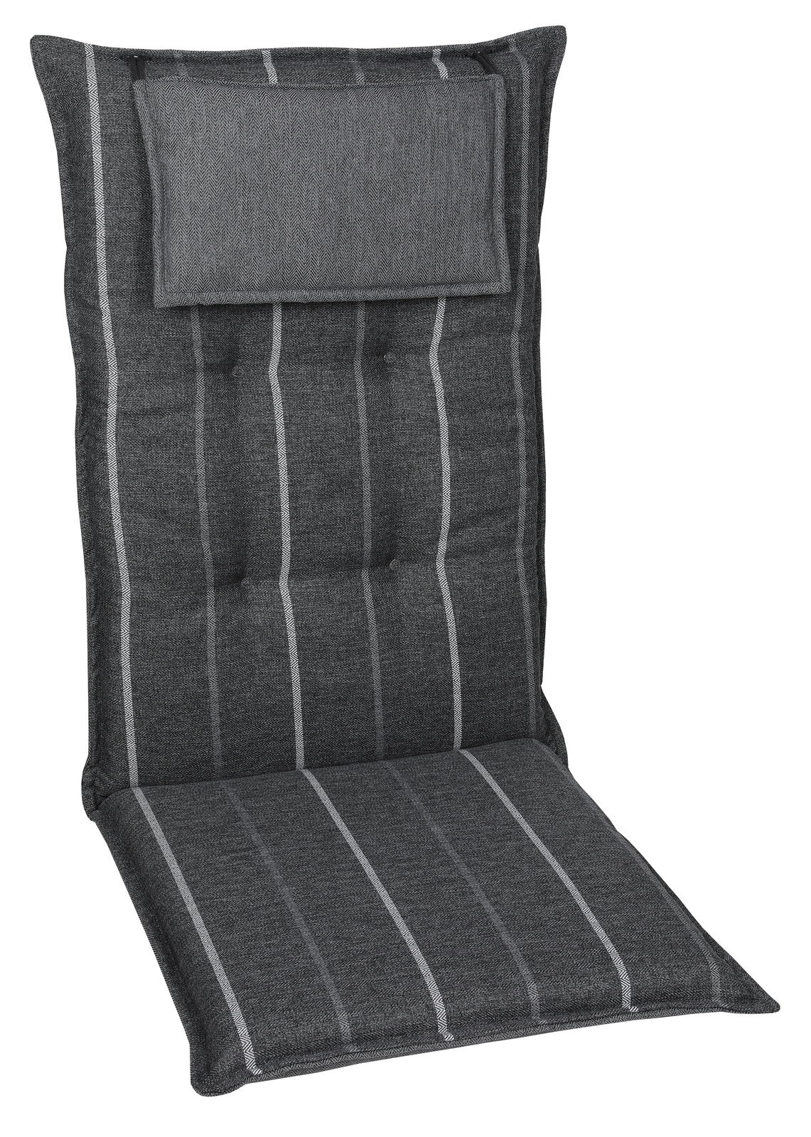 Graue Sesselauflage mit vertikalen Streifen, Ansicht von vorne.