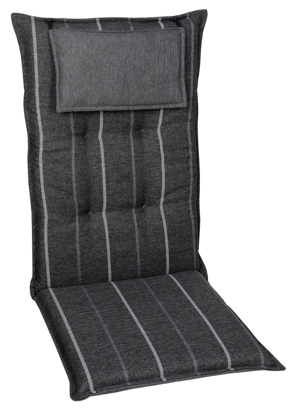 Graue Sesselauflage mit vertikalen Streifen, Ansicht von vorne.
