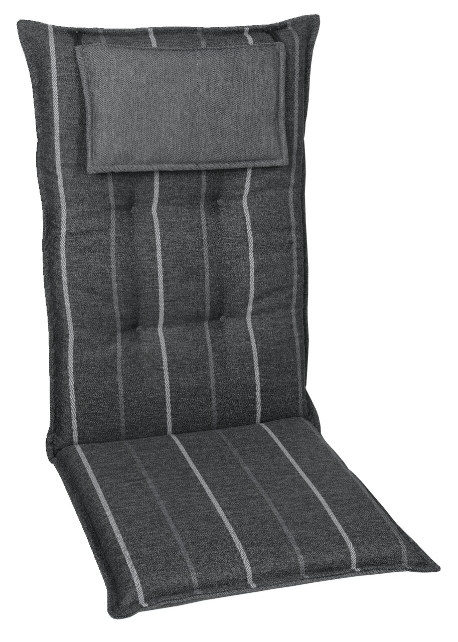 Graue Sesselauflage mit vertikalen Streifen, Ansicht von vorne.