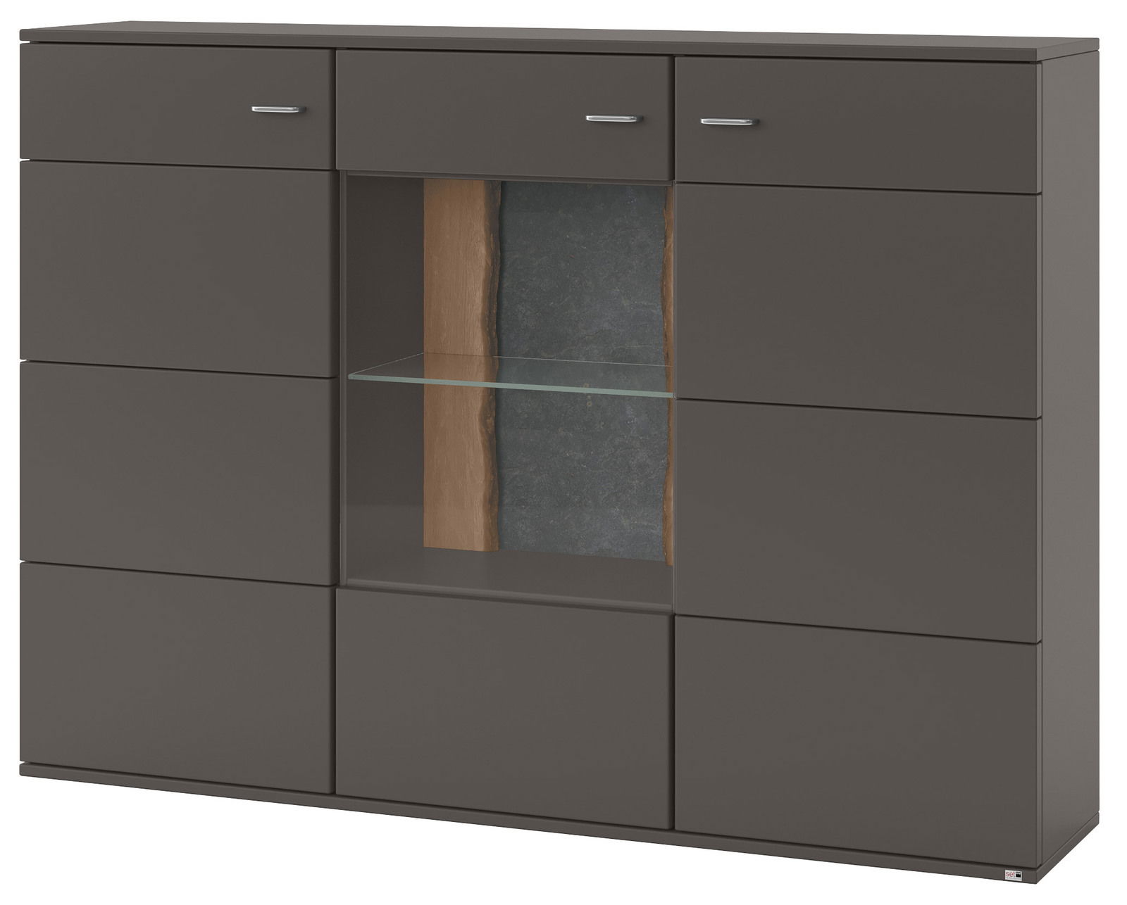 Set one by Musterring Highboard TACOMA Frontansicht des Highboards Set one by Musterring TACOMA in dunklem Grau mit Glasregal und Holzakzent.