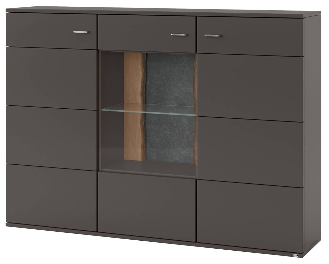 Set one by Musterring Highboard TACOMA Frontansicht des Highboards Set one by Musterring TACOMA in dunklem Grau mit Glasregal und Holzakzent.