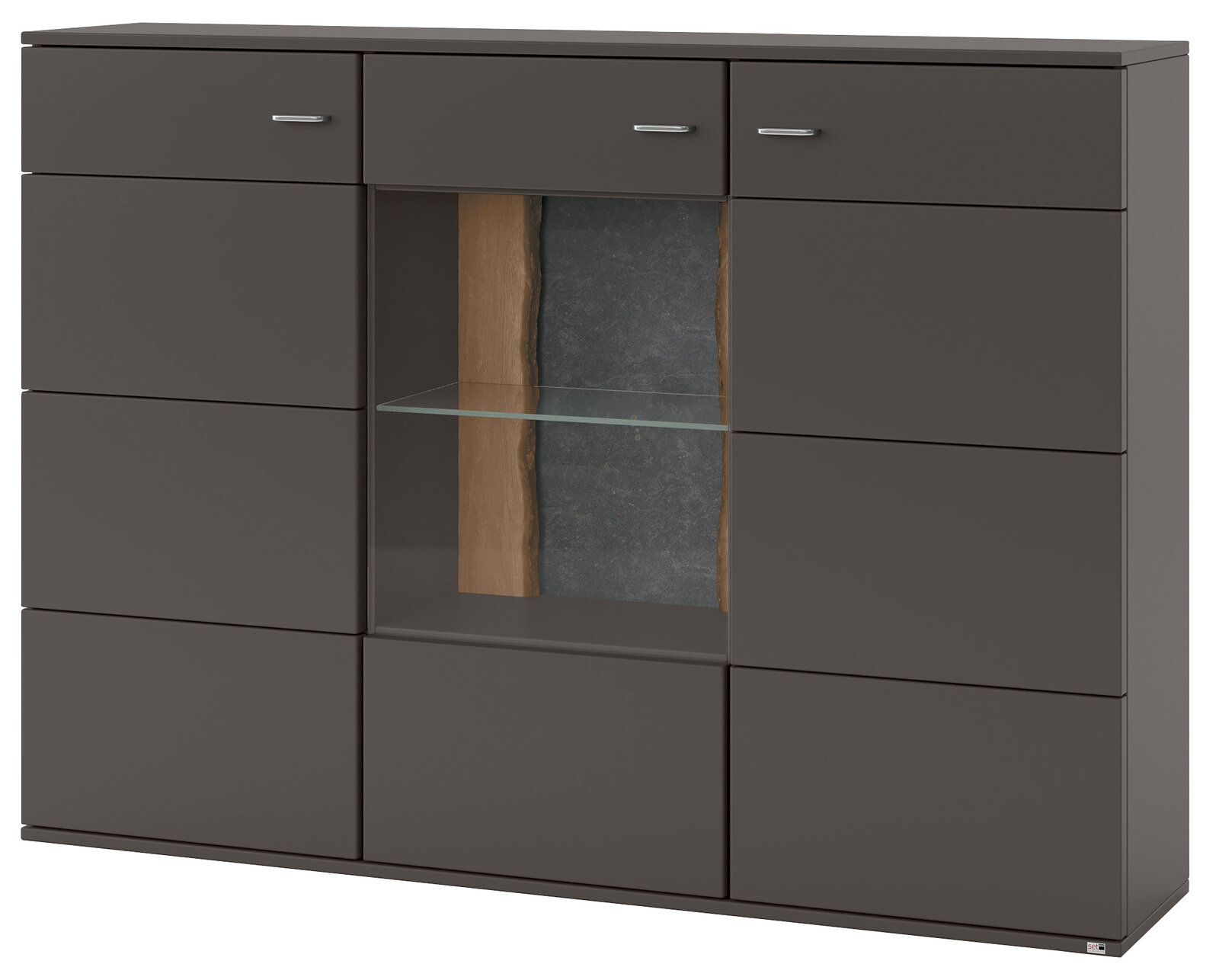 Set one by Musterring Highboard TACOMA Frontansicht des Highboards Set one by Musterring TACOMA in dunklem Grau mit Glasregal und Holzakzent.