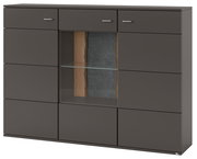Frontansicht des Highboards Set one by Musterring TACOMA in dunklem Grau mit Glasregal und Holzakzent.
