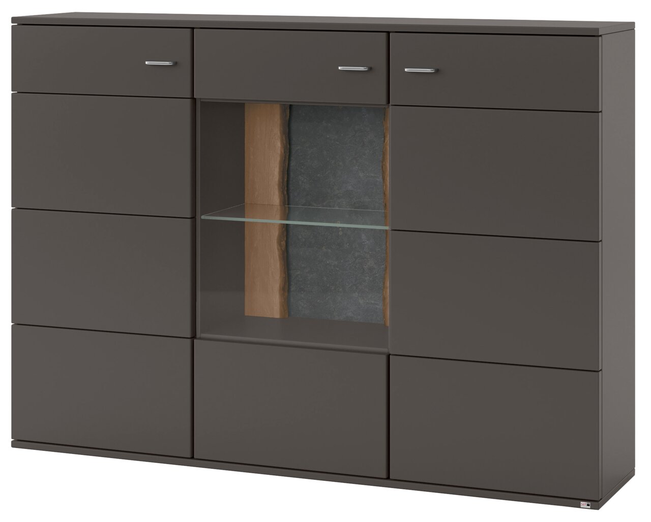 Set one by Musterring Highboard TACOMA Frontansicht des Highboards Set one by Musterring TACOMA in dunklem Grau mit Glasregal und Holzakzent.