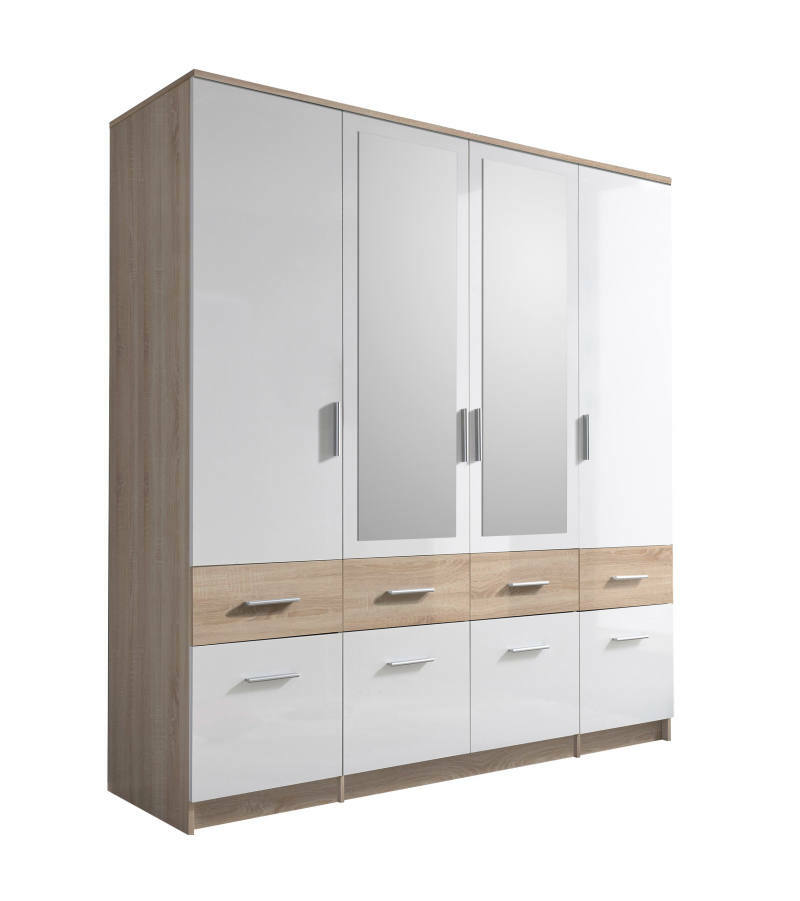 Moderner 4-türiger Drehtürenschrank mit Spiegeln und Schubladen, aus Holz und weißem Material, seitliche Perspektive