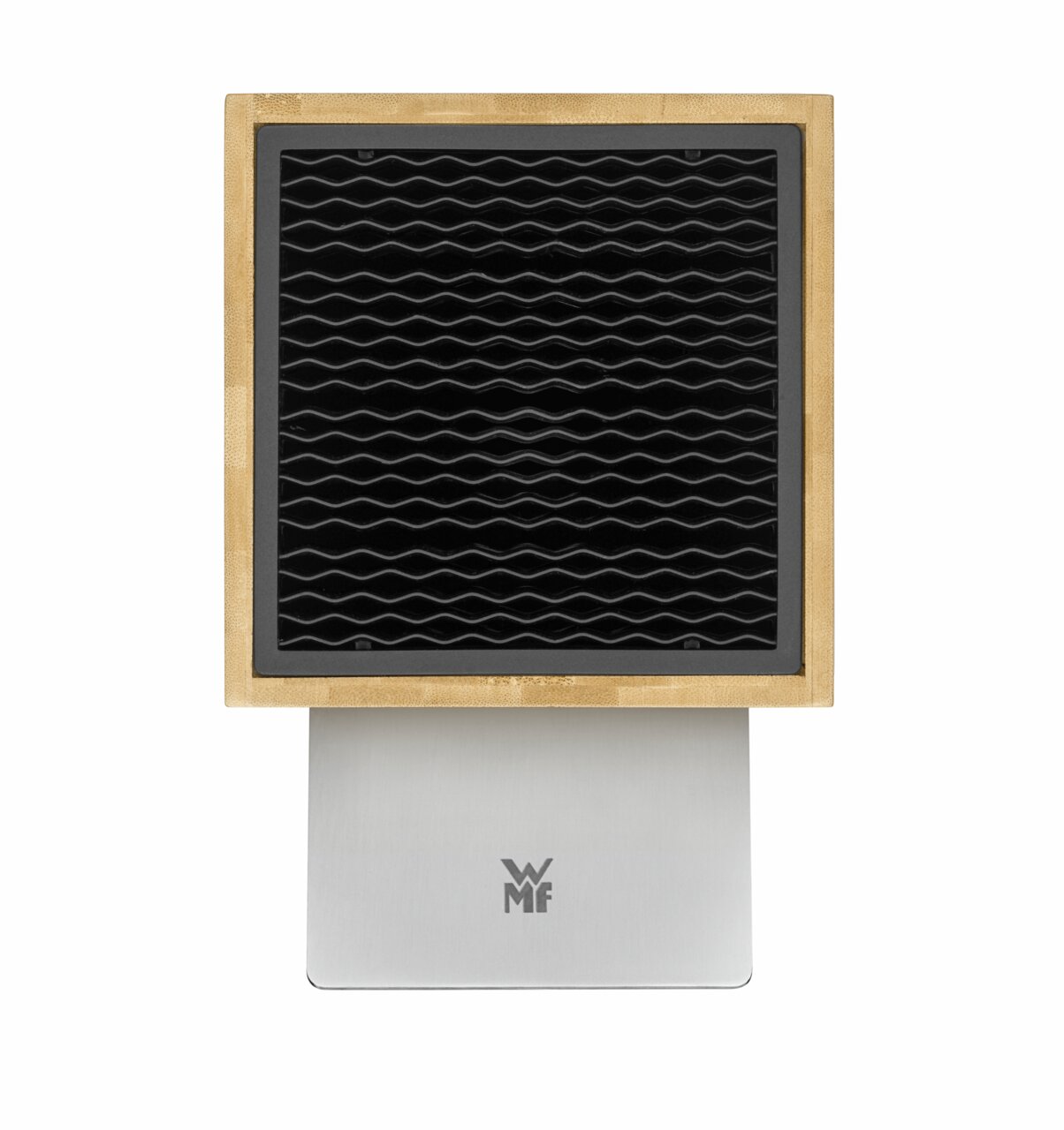 Messerblock aus Holz mit schwarzer Einsatzfläche, frontal betrachtet, auf einem silbernen Sockel mit WMF-Logo.