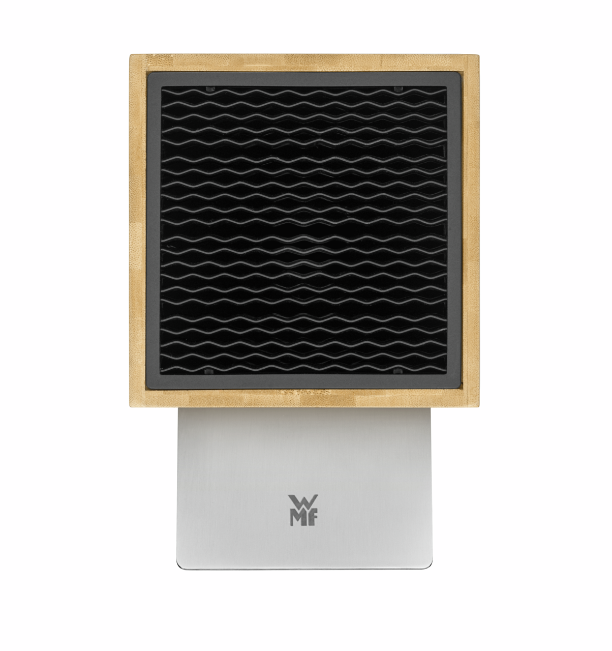 Messerblock aus Holz mit schwarzer Einsatzfläche, frontal betrachtet, auf einem silbernen Sockel mit WMF-Logo.