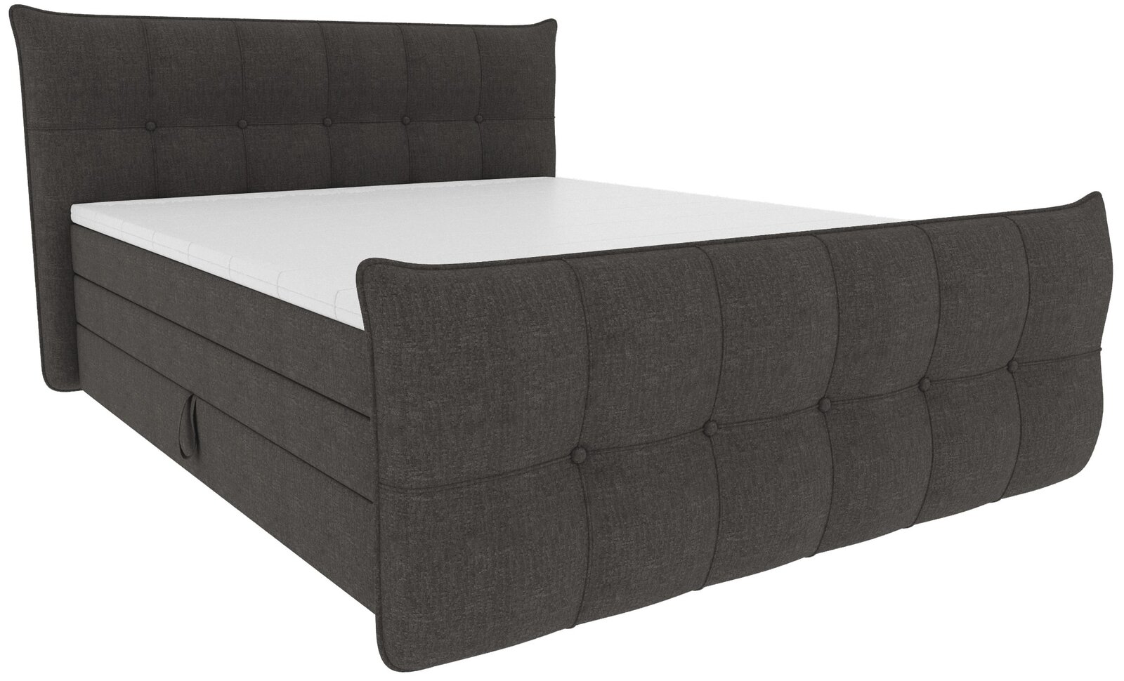 Dunkelgraues, gepolstertes Boxspringbett mit stoffbezogenem, geknöpftem Kopf- und Fußteil, schräg von vorn links in 3/4-Perspektive auf weißem Hintergrund
