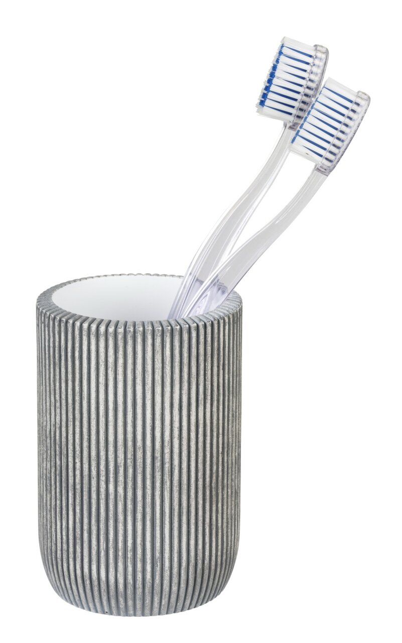 Schöner Wohnen Zahnputzbecher ANTELLA Zahnputzbecher mit Streifenmuster, frontal fotografiert, mit zwei transparenten Zahnbürsten darin.