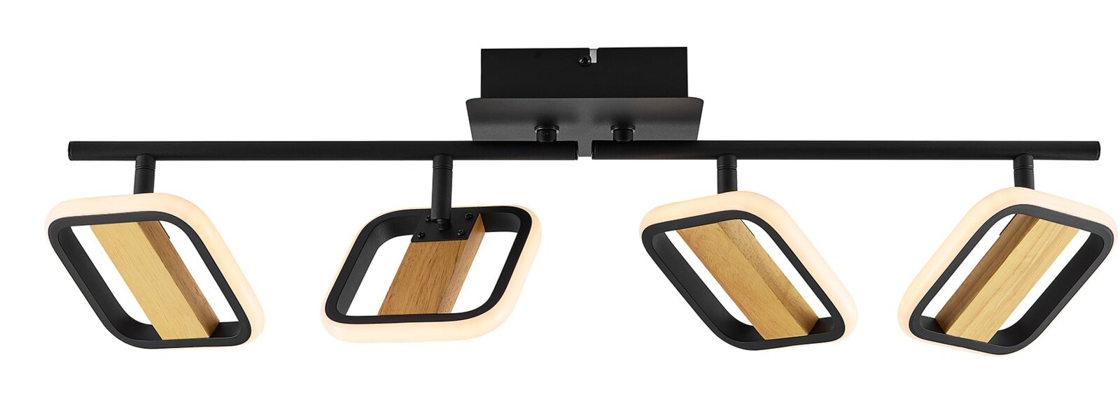 Moderner LED-Strahler mit vier rechteckigen Leuchtelementen aus Holz und Metall, seitliche Perspektive