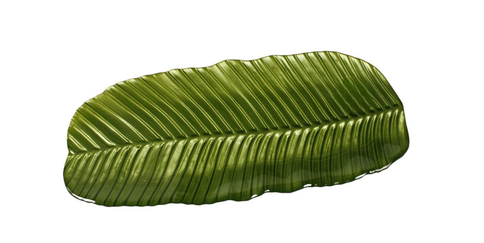 Grüne Servierplatte in Form eines Bananenblatts, Draufsicht