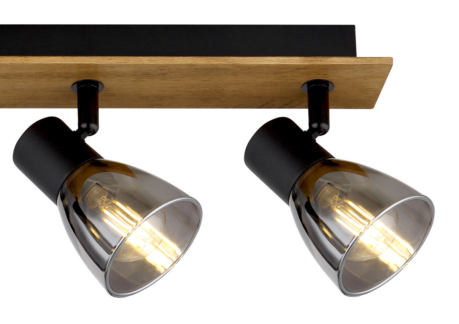 Zwei moderne Strahler mit schwarzem und holzfarbenem Design, seitliche Perspektive