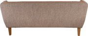 Beige-brauner gepolsterter Sitzhocker mit Holzbeinen, Ansicht von hinten in gerader Perspektive