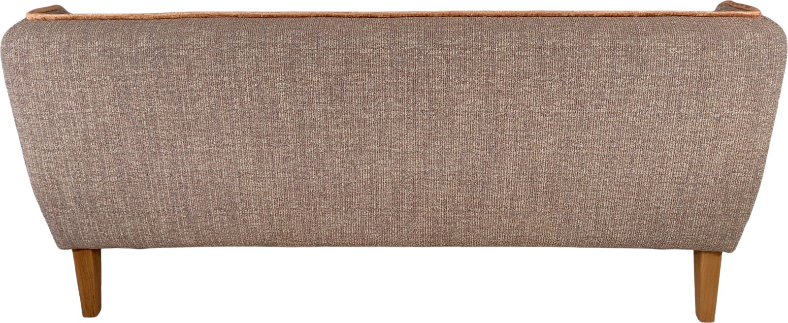 Beige-brauner gepolsterter Sitzhocker mit Holzbeinen, Ansicht von hinten in gerader Perspektive