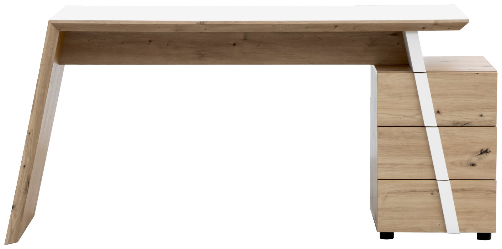 Moderner Schreibtisch aus Holz mit weißem Akzent, seitliche Perspektive