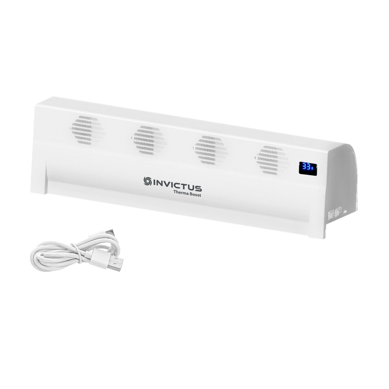 Invictus Therma Boost Heizgerät mit digitaler Anzeige, Vorderansicht, inklusive USB-Kabel